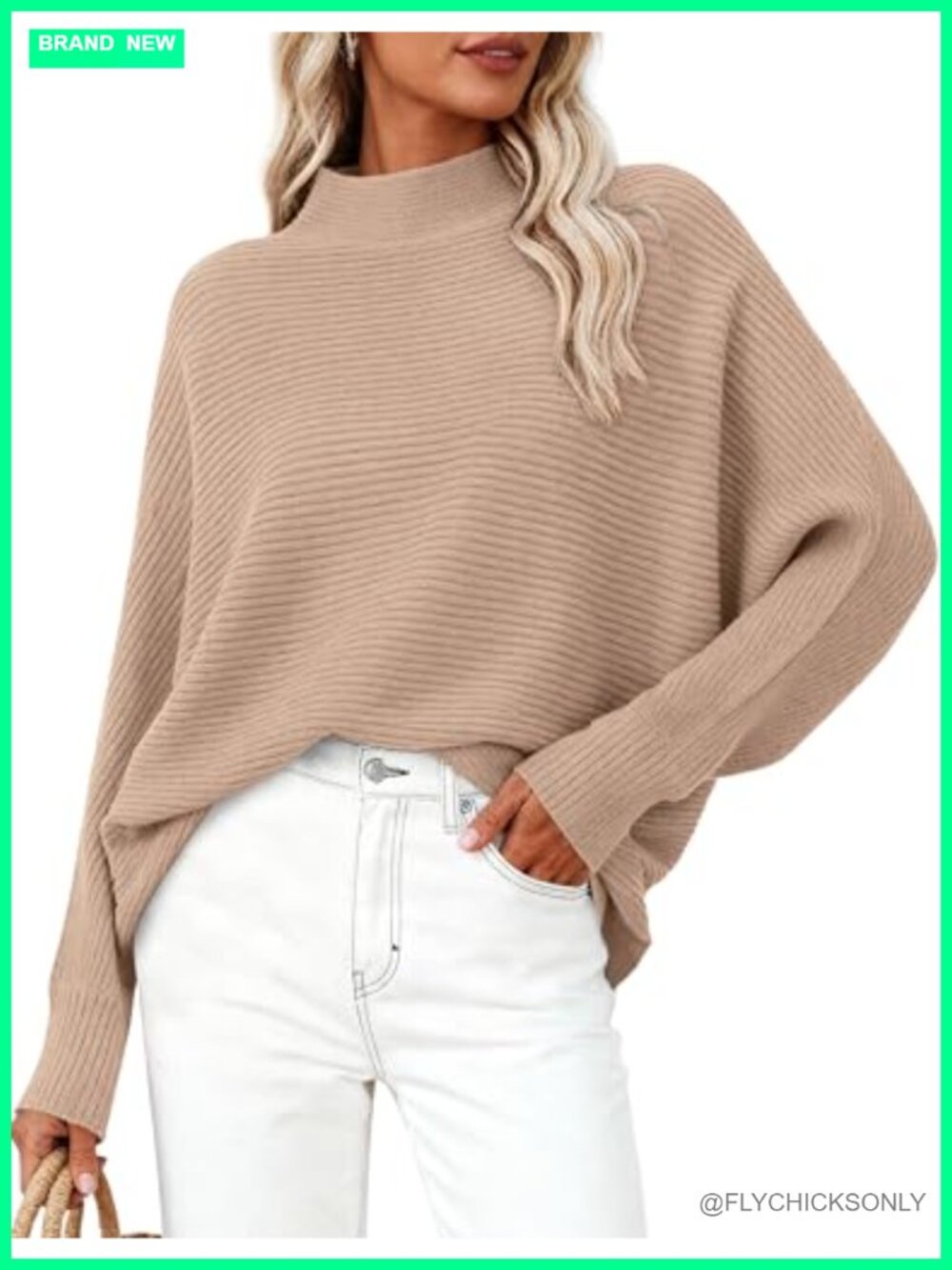 Oversized Ribbed Knit Mock Neck Batwing Sleeve Sweater Pullover